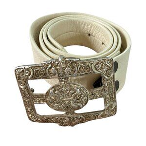 Vtg Brave Beltworks Leather Belt Womens Buckle Made in Italy White Silver 80s